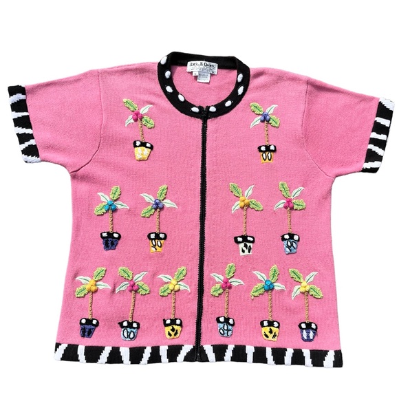 Vintage Sweaters - Vintage Pink Coconut Palm Tree Zip Up Short Sleeve Knit Sweater Cardigan Medium